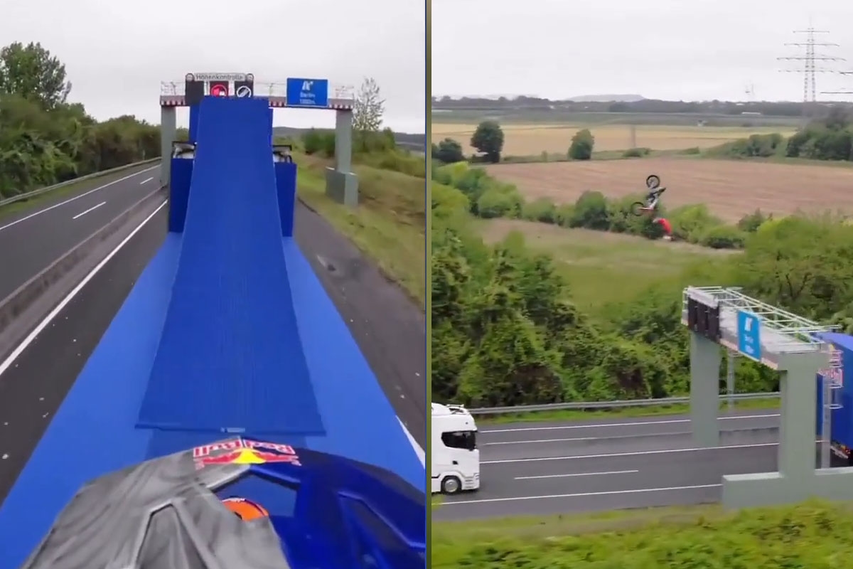 Il biker che sfida la morte, salto mortale tra due camion in corsa